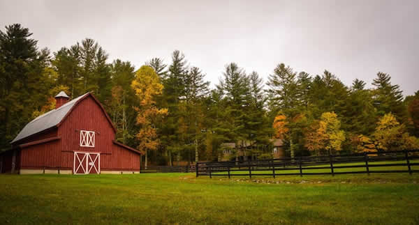 red barn with metal roof