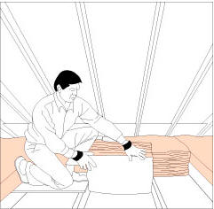 Installing insulation batts between roof rafters in attic