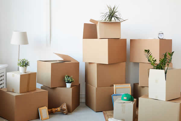 cardboard boxes stacked in a room