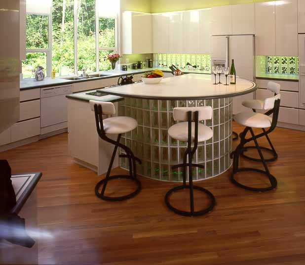 Glass blocks used to create a custom kitchen island/table