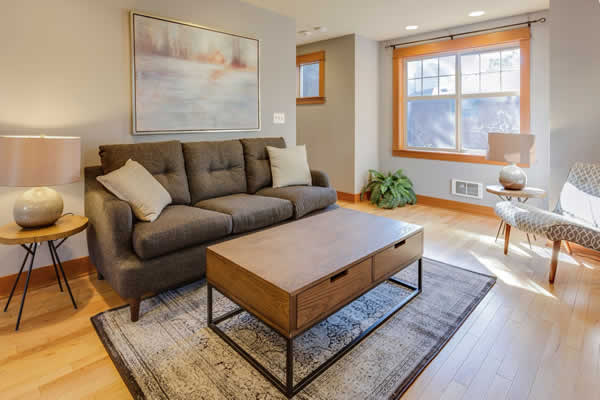 living room with retro rug