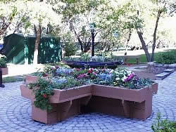 This raised flower bed is designed in the shape of a <q>X</q>. It has a raised bottom and good knee access.