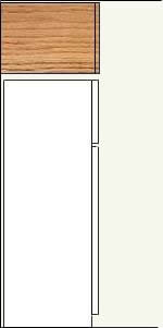 Over refrigerator kitchen cabinets mounted flush with face of refrigerator is a more efficient use of space.