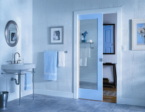mirrored pocket door in bathroom